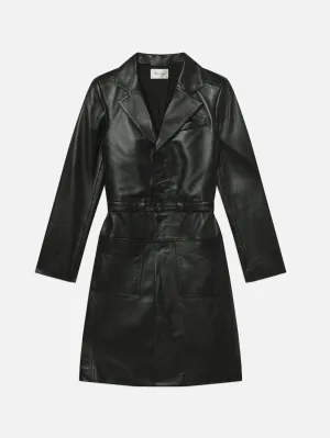 Waterproof Stitch Details Double Layered Hood The Long Leather Belted Jacket -- Black