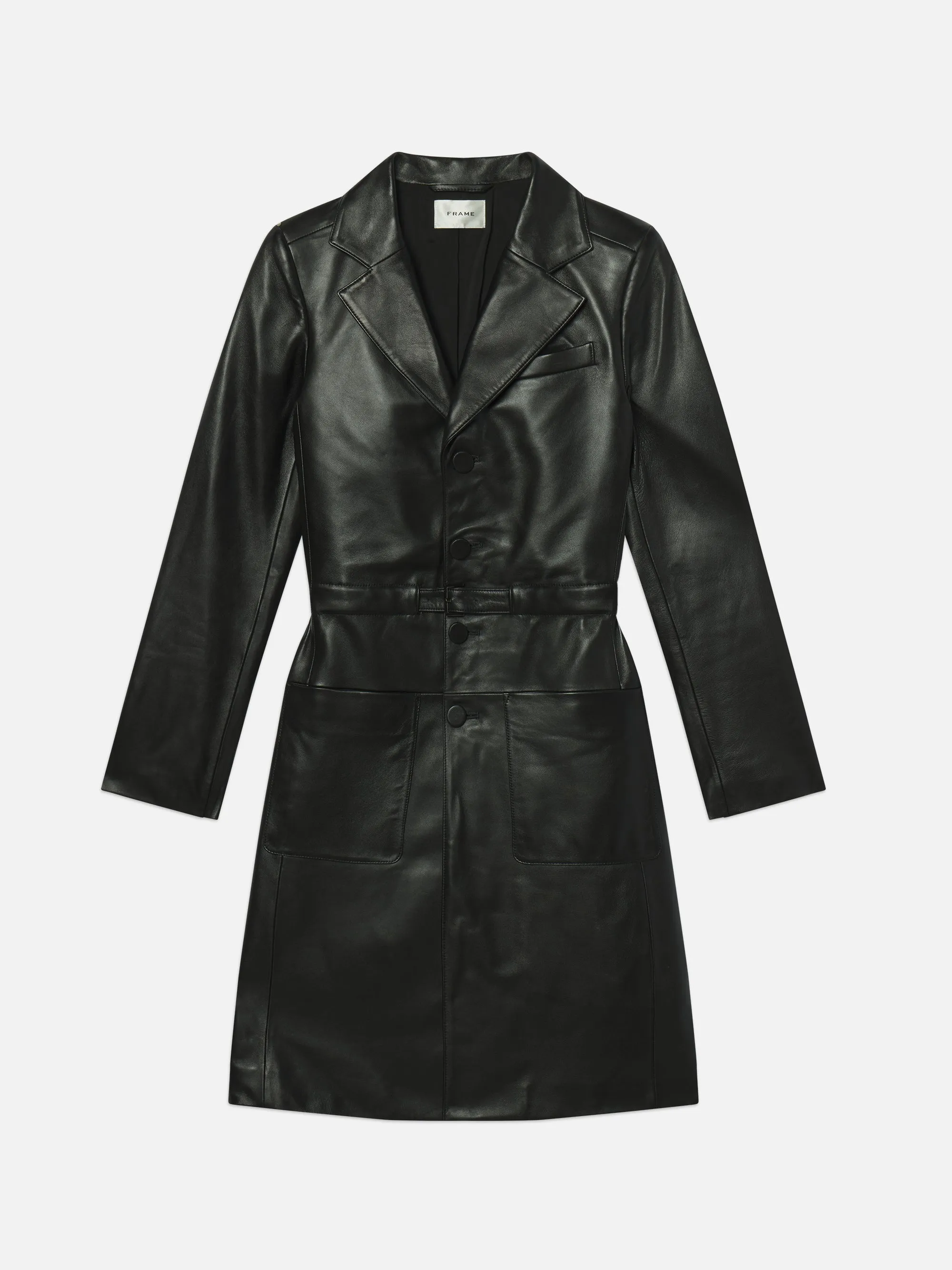 Waterproof Stitch Details Double Layered Hood The Long Leather Belted Jacket -- Black