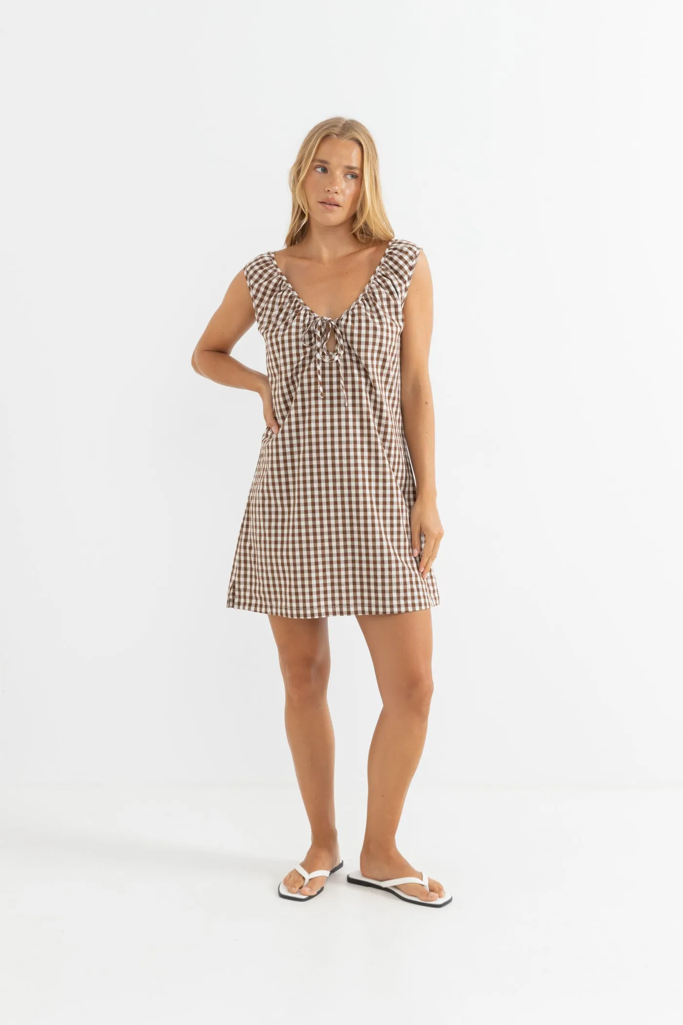 Birdie Gingham Mini Dress Brown Resort Outfit