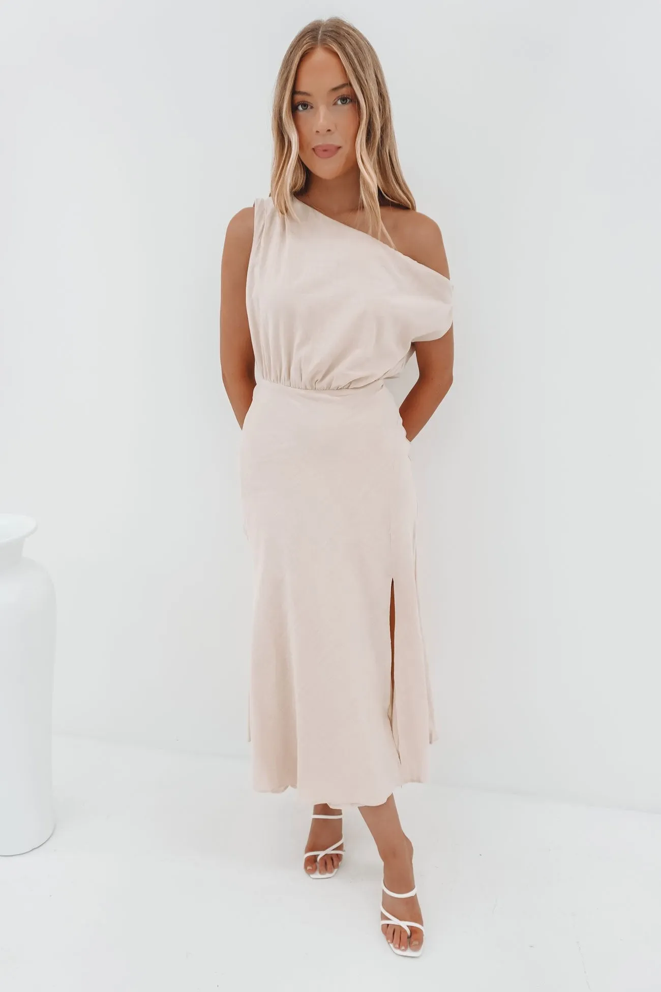Subtle Elegance Sleeveless Cut Kismet Midi Dress Sand