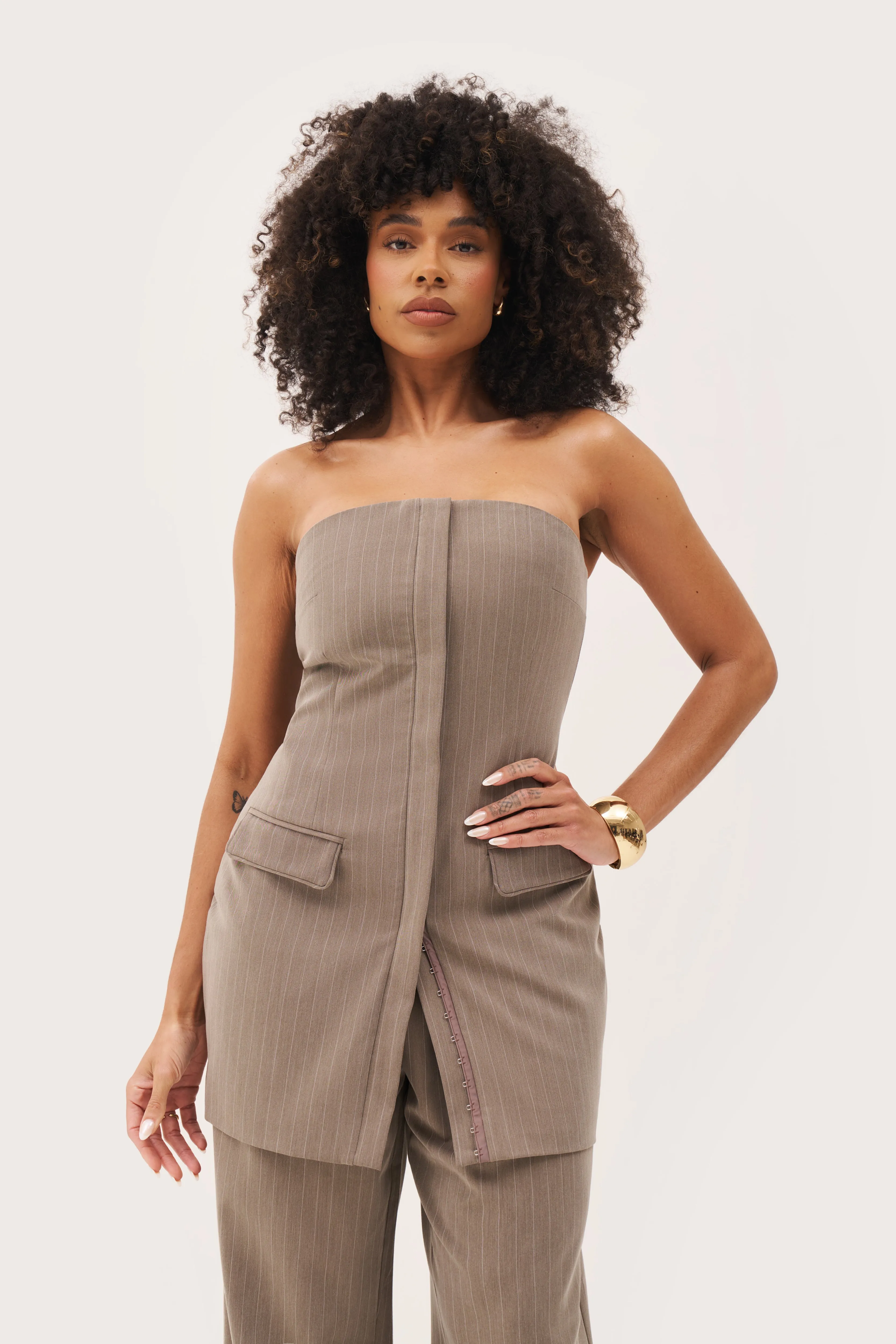 Pinstripe Bandeau Dress - Taupe Youthful Mood