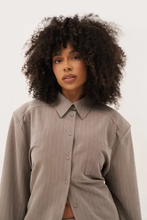 Pinstripe Oversized Shirt - Taupe Ethically Sourced Material Perfect for Layering