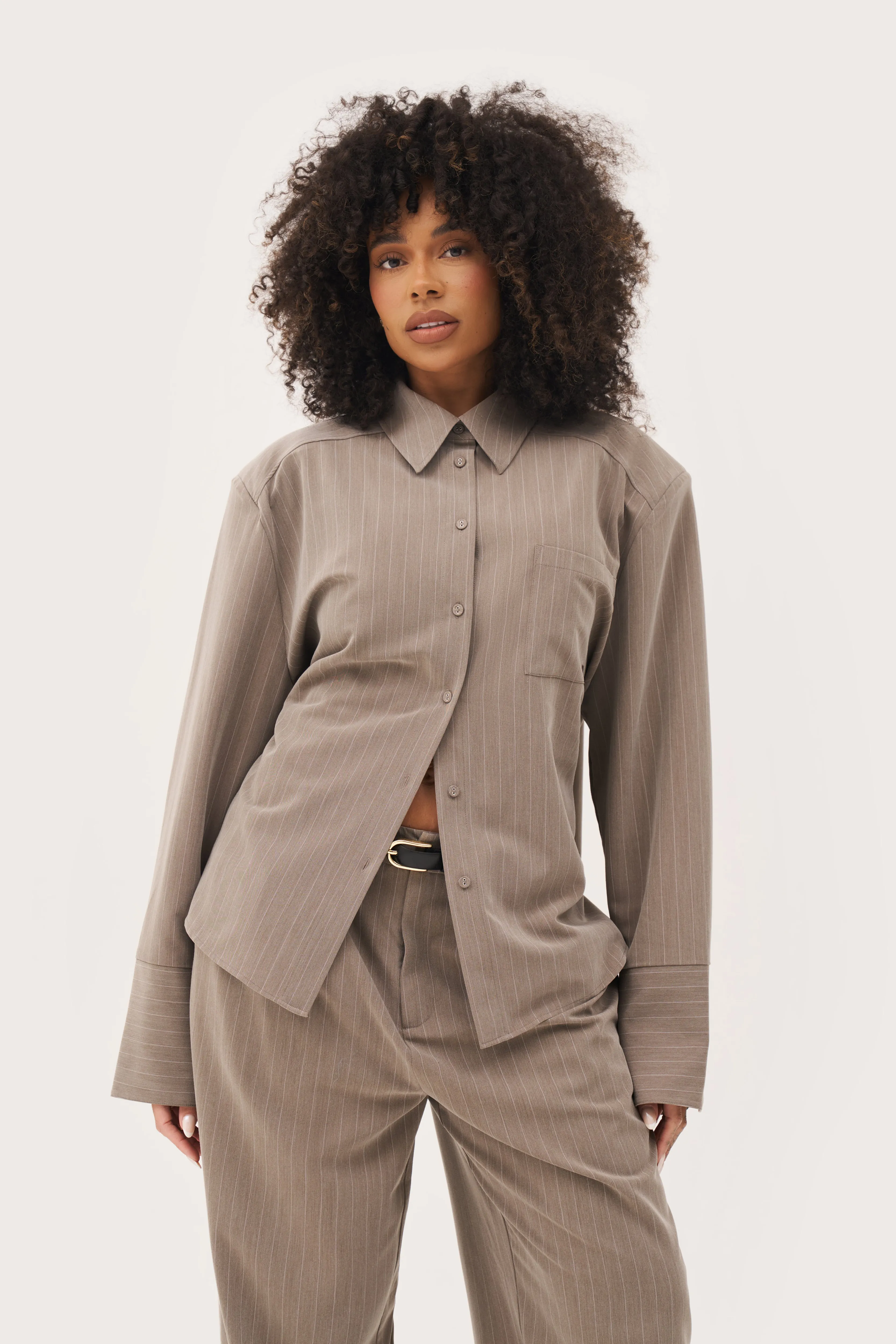 Pinstripe Oversized Shirt - Taupe Perfect for Any Outfit Outdoor Fashion