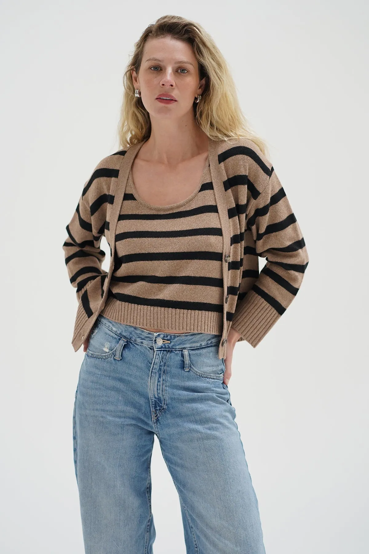 Piper Cardigan Set - Cafe Stripe Chic Outfit Cozy Design