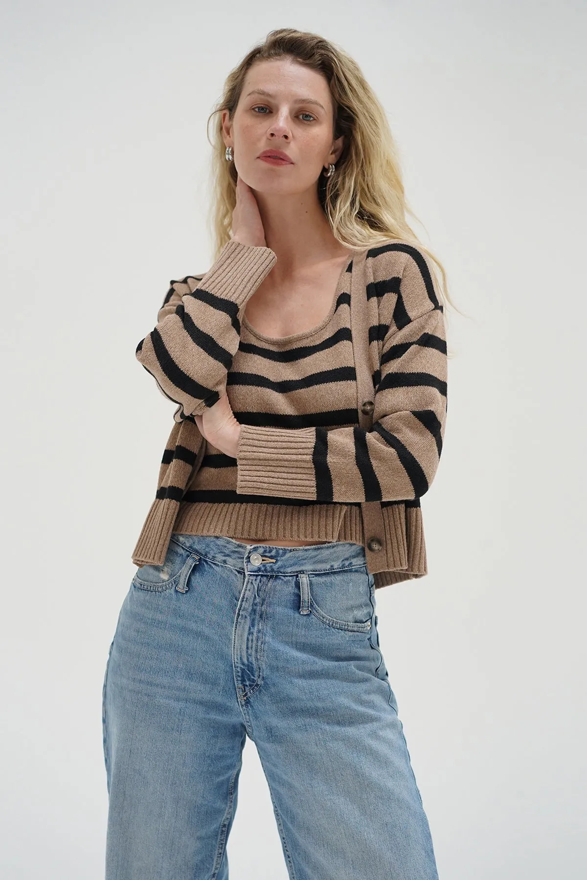 Polished Edge Thermoregulating Fabric Piper Cardigan Set - Cafe Stripe