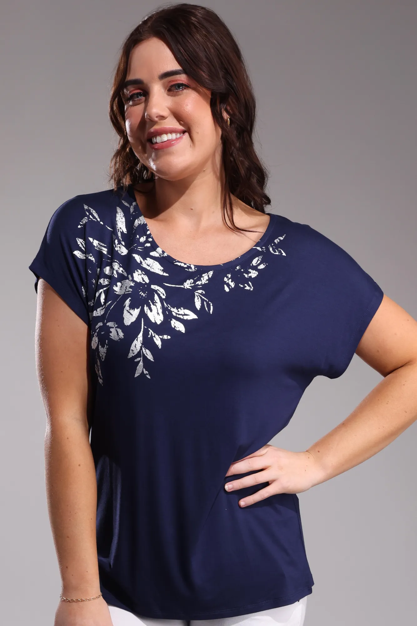 Holiday Glow EcoFriendly Dye Plain Top Silver Foil print detail | NAVY/SILVER | 4532A1