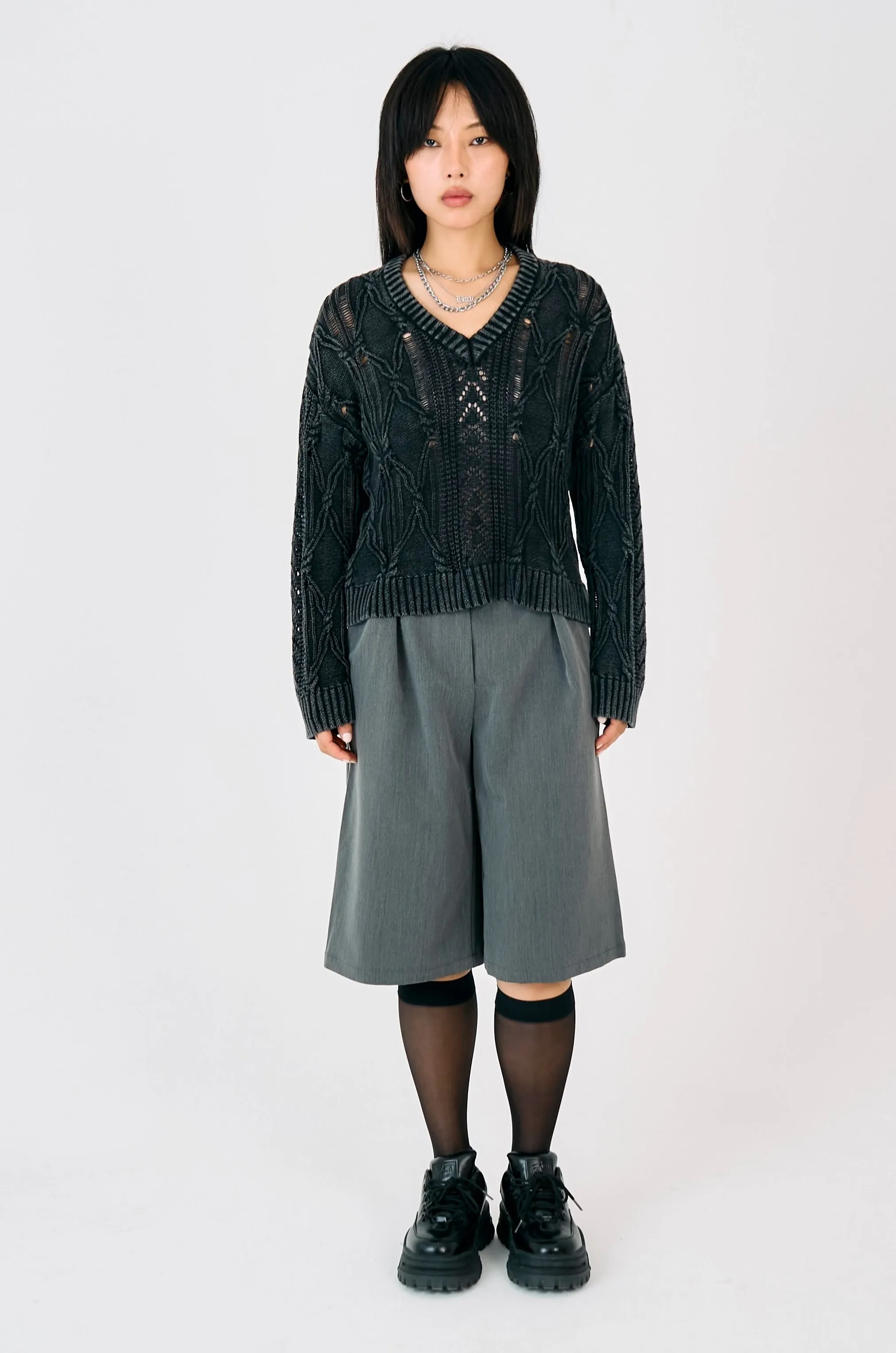 Format Acid Wash Knit Drop Shoulder Style Layered Stitch Details