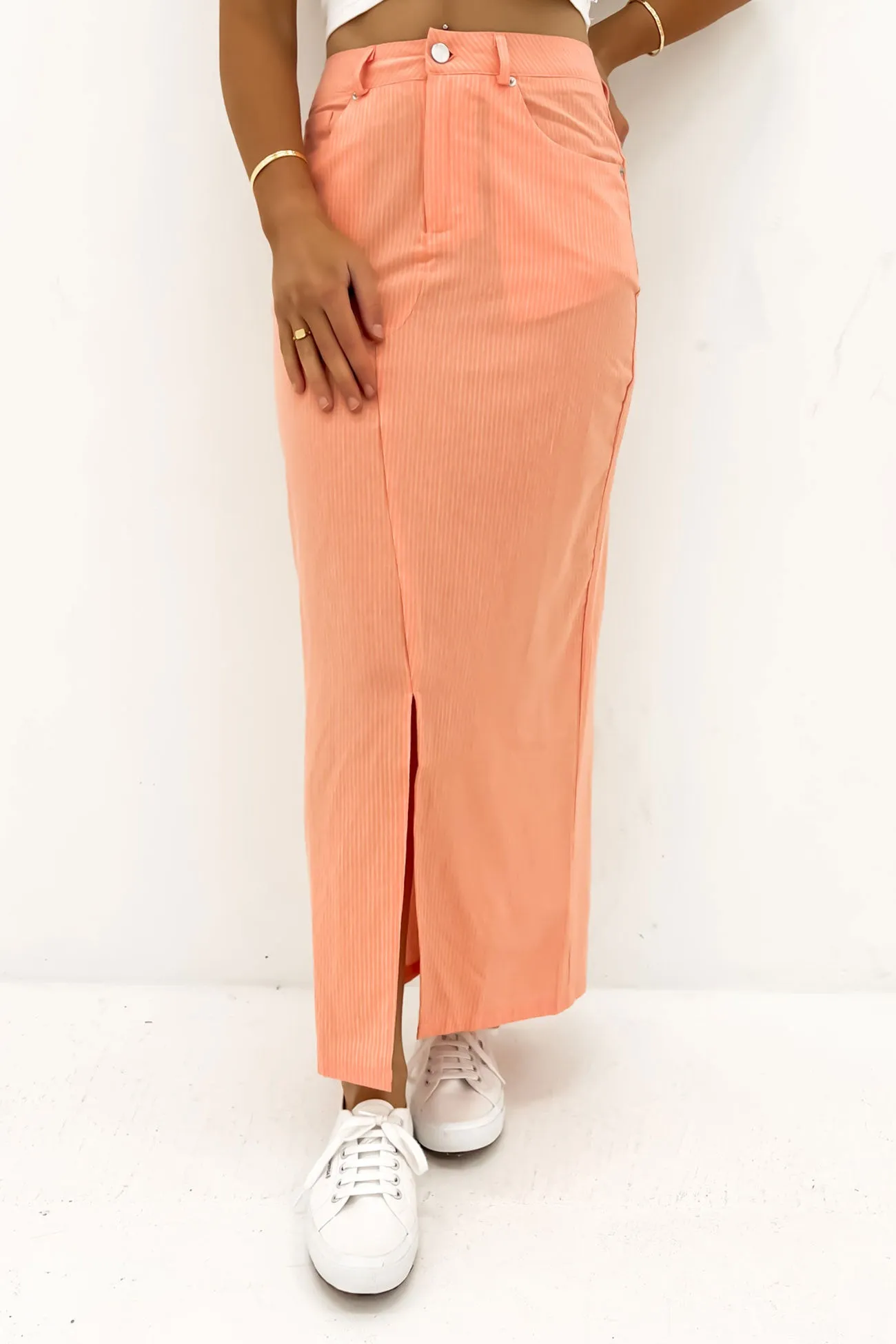 Everyday Favorite Tonal Layering Liberty Maxi Skirt Neon Peach White Stripe