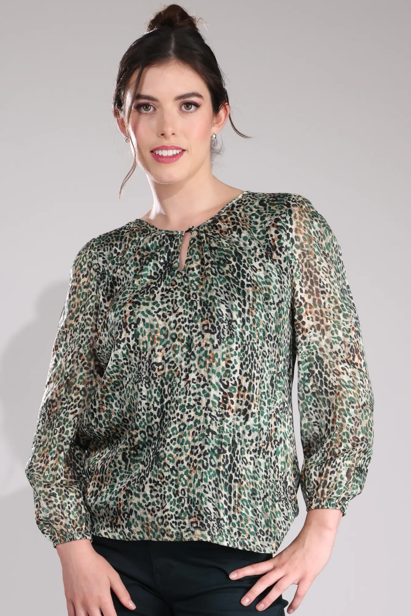 Bead Soul Sustainable Manufacturing Printed Chiffon Top | Olive Sand Leopard | 7121B1