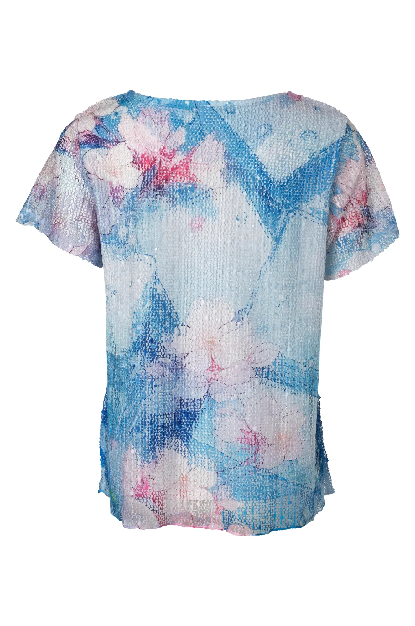 Earth Fit Transitional Fashion Printed Mesh & Lace Top | BLUES PINK FLOWER | 3981A1