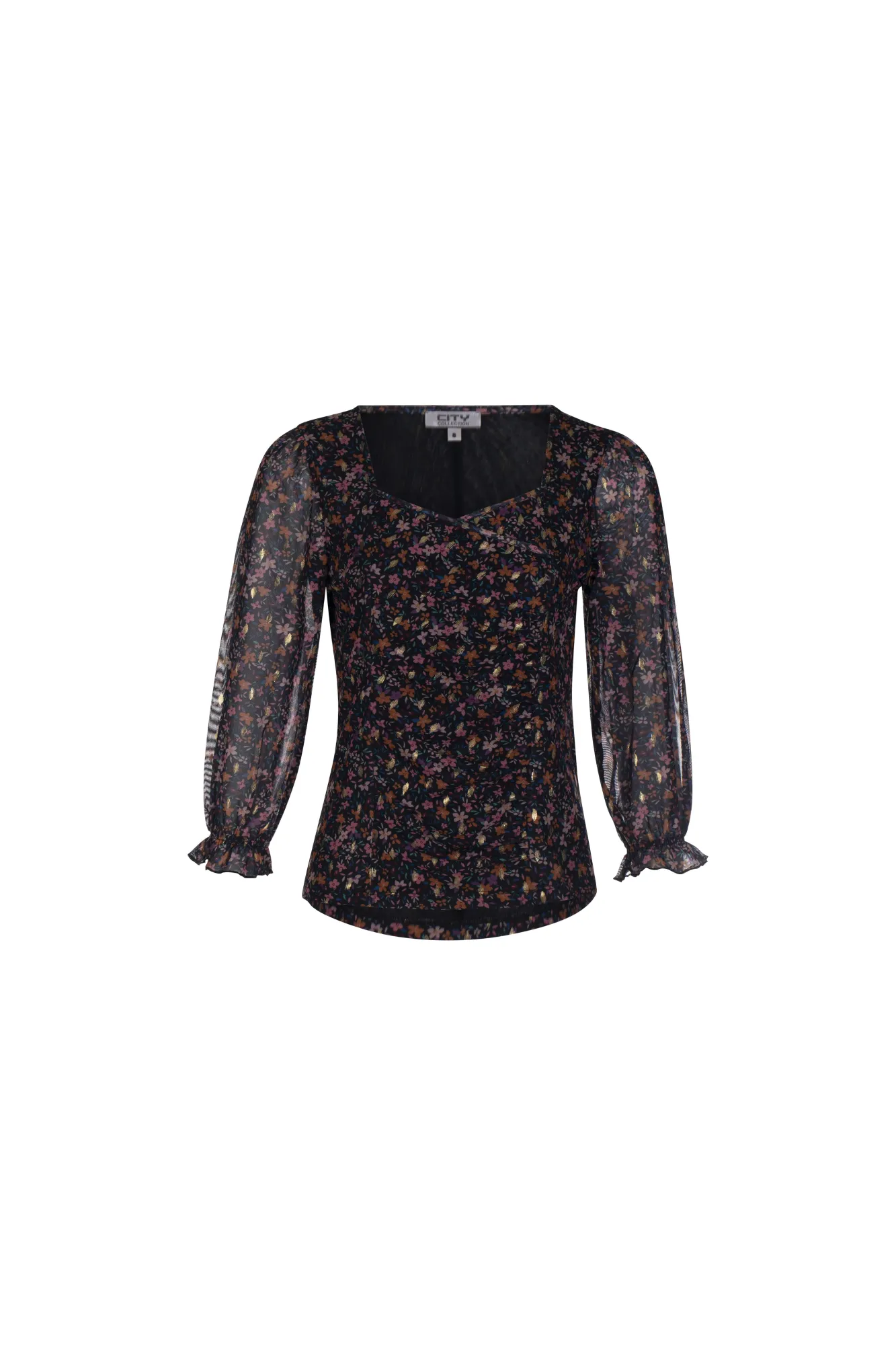 Printed Mesh sweetheart neck Top | Multi Foil Flower | 7242AR Relaxed Jeans