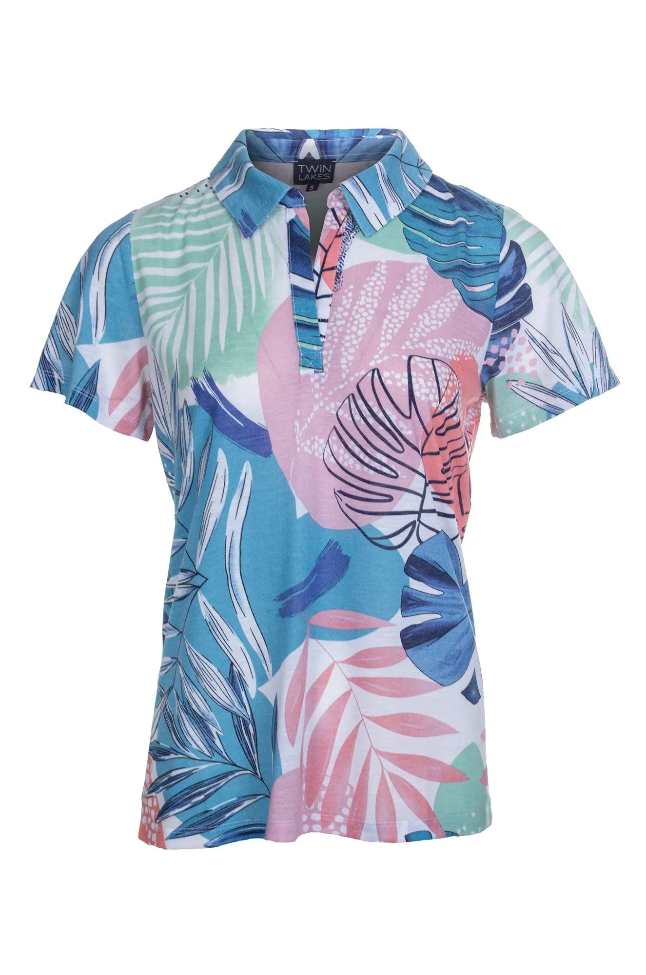 mesh ventilation Printed Poly Slub Top with collar | Green Guava Tropical | 6744A1