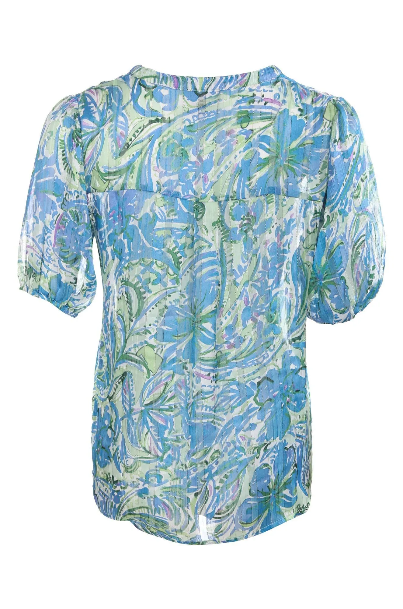 Insulated Outerwear Printed Ribbon Chiffon Top | Blue Apple Paisley | 7122C1