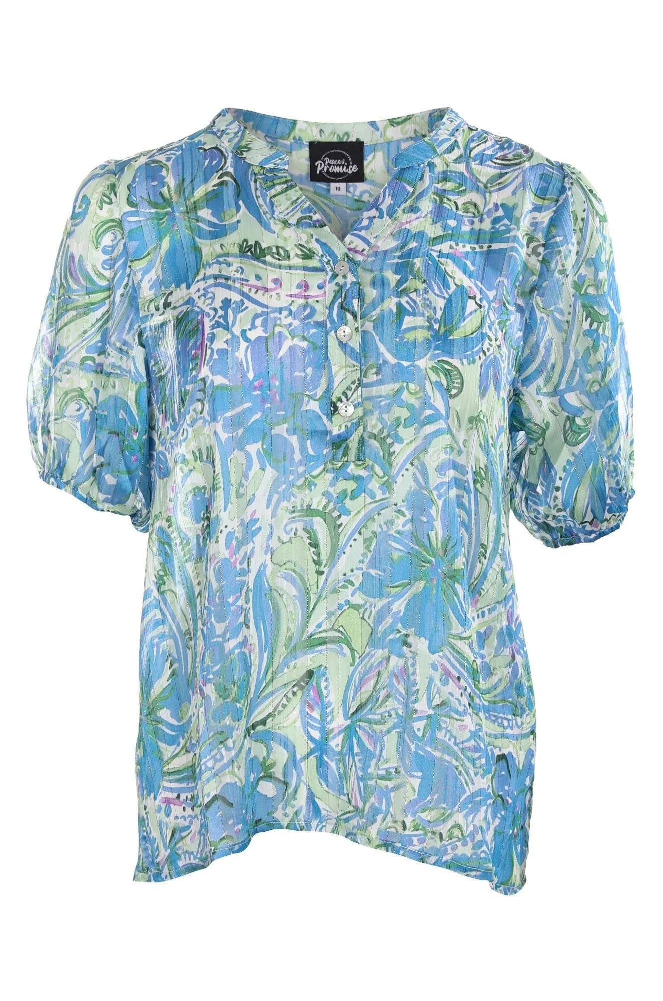 Free Fit Comfort Wear Printed Ribbon Chiffon Top | Blue Apple Paisley | 7122C1