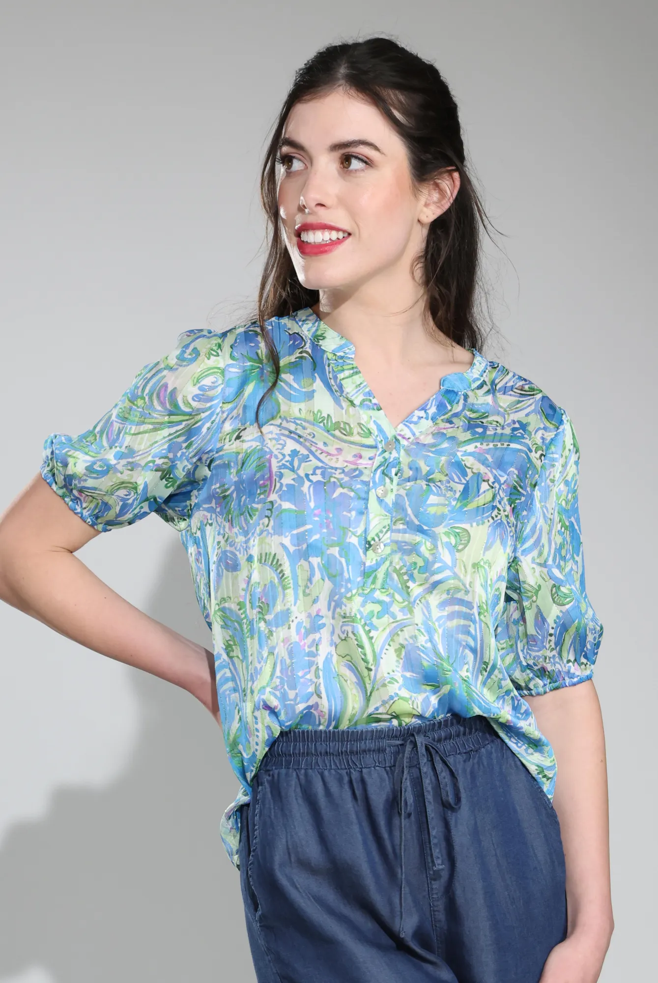 NonRestrictive Cut Printed Ribbon Chiffon Top | Blue Apple Paisley | 7122C1
