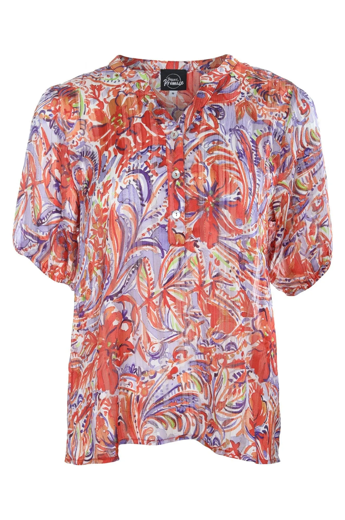 WearResistantHem Printed Ribbon Chiffon Top | Coral Iris Paisley | 7122C1