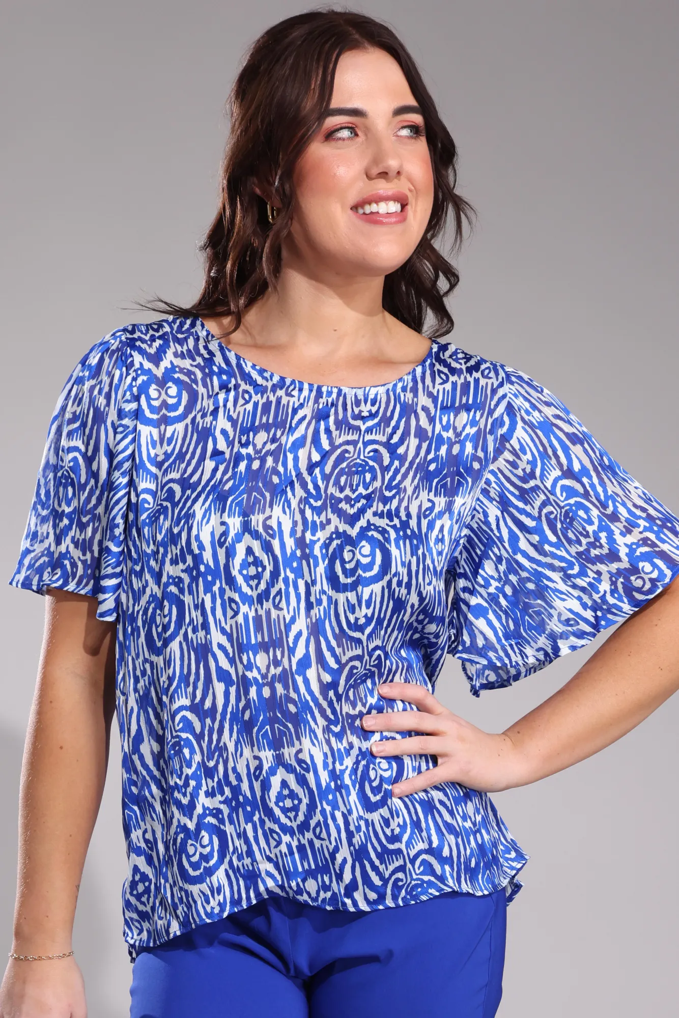 RecycledPolyester MultiPurposePockets Printed Ribbon Chiffon Top | Marine Aztec | 7121A1