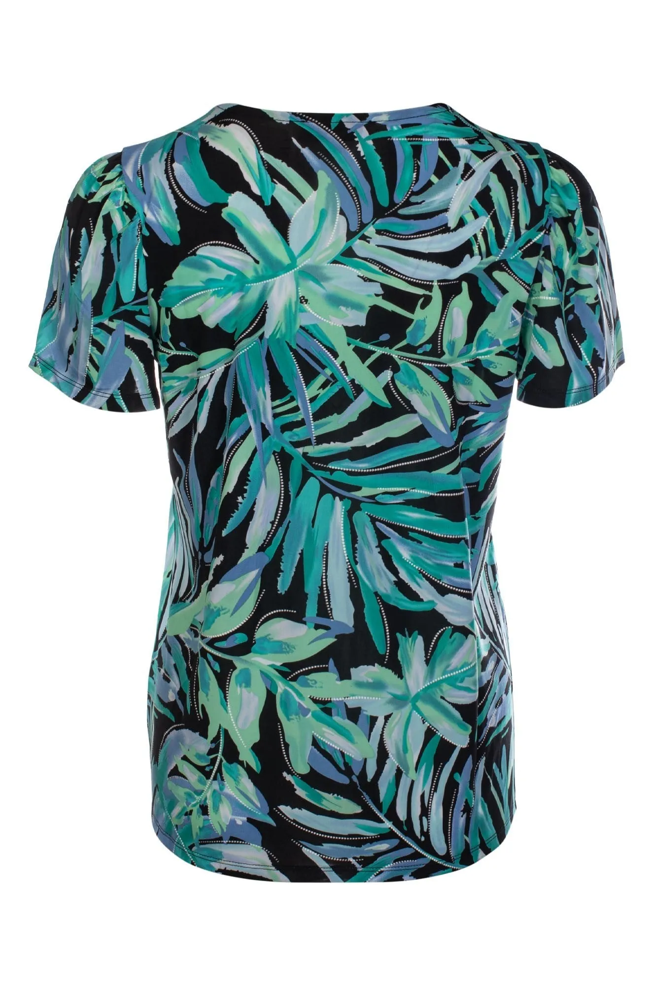 Ventilated Back Panels Printed Slinky Top | Black Sage Palm Puff | 7405C1