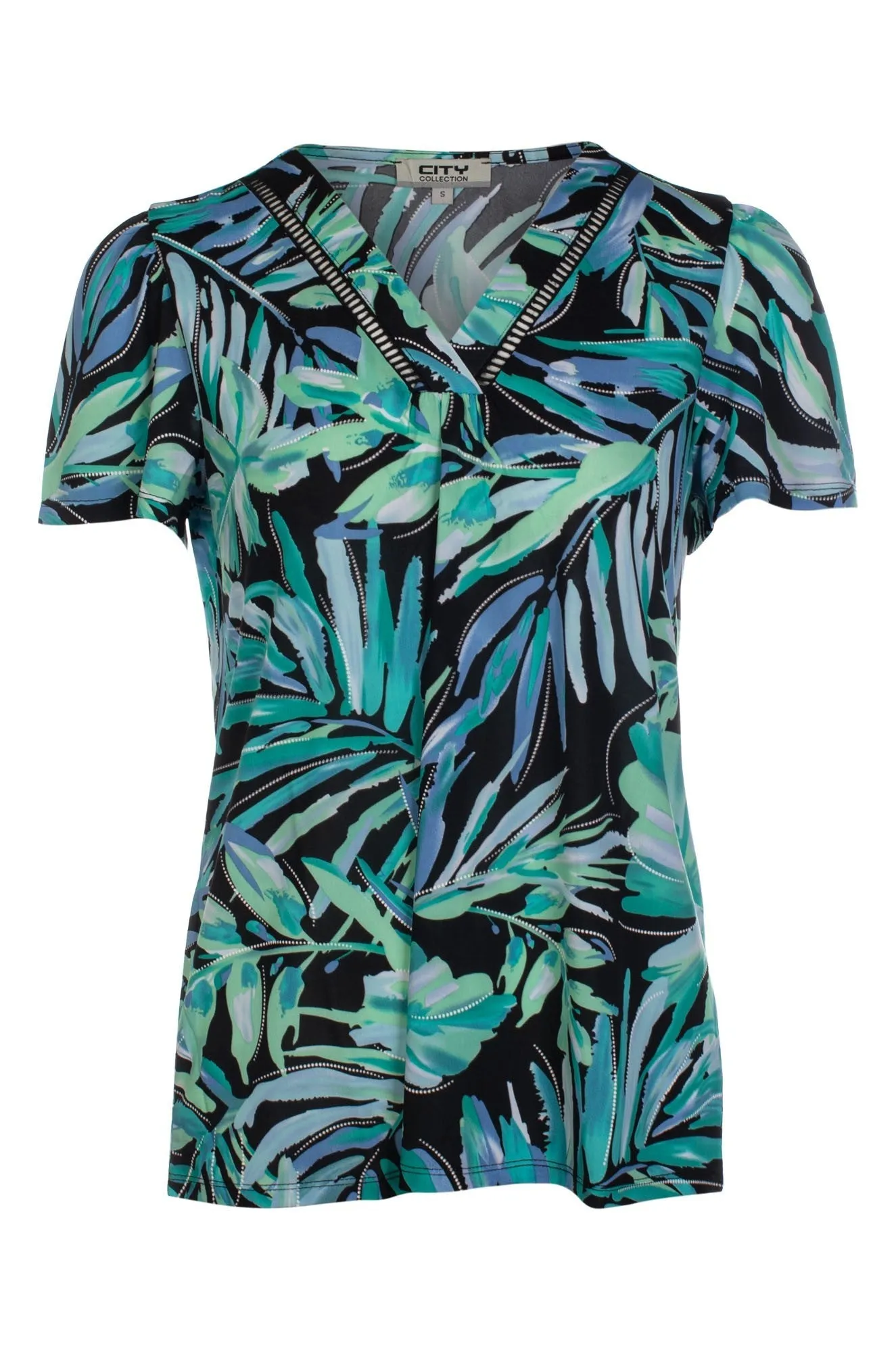 Sporty Jacket Printed Slinky Top | Black Sage Palm Puff | 7405C1