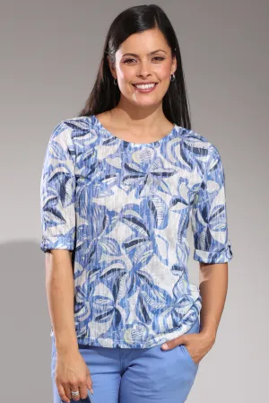 Printed Slub Top with hi low hem | Blue Taupe Flower | 6802A1 Sun shield Warm Fit