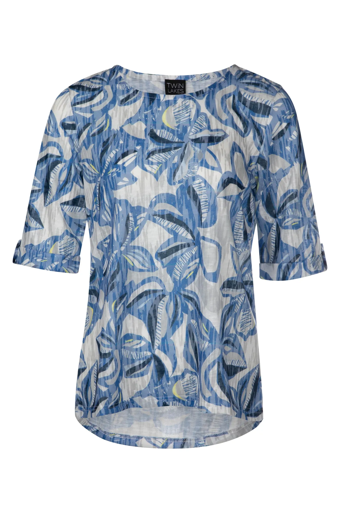 Recycled Polyester Printed Slub Top with hi low hem | Blue Taupe Flower | 6802A1