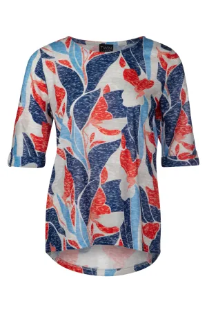 Printed Slub Top with hi low hem | Indigo Coral Abstract | 6802A1 Cool Design