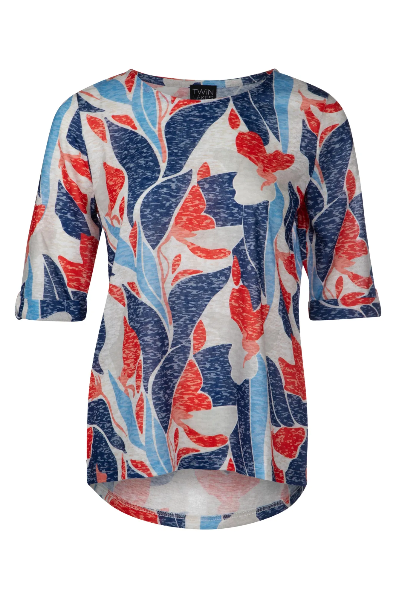 Printed Slub Top with hi low hem | Indigo Coral Abstract | 6802A1 All Day Travel Vibe