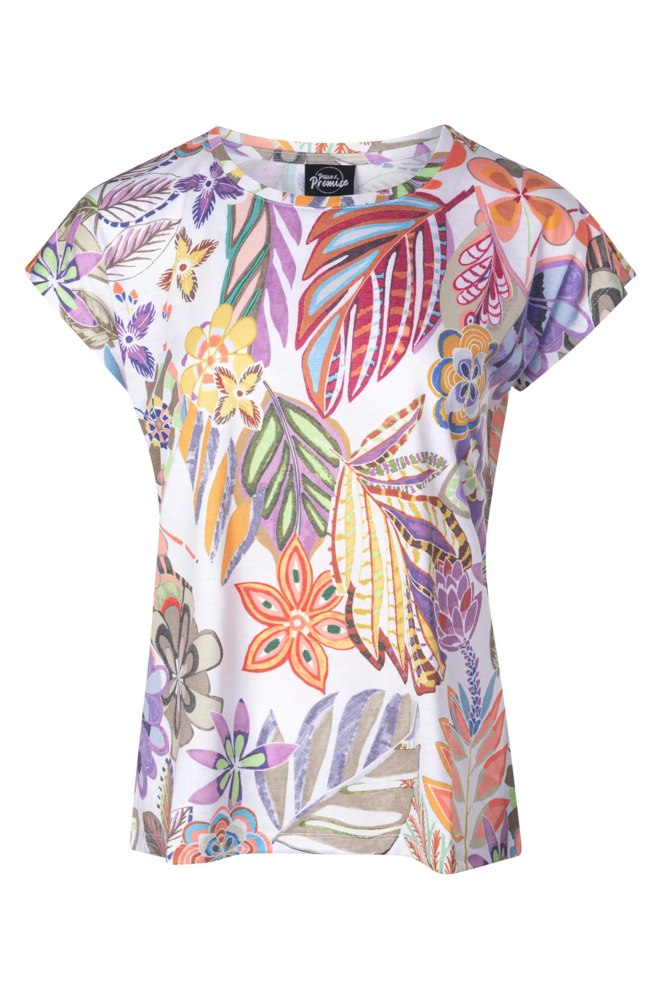 Printed Top with cap sleeve | Natural Multi Palms | 7201A1 Sky Cool