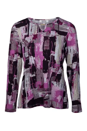 HypoallergenicYarn ElasticBinding Printed Warm Touch Top | Pink Black Abst Geo | 7905B1