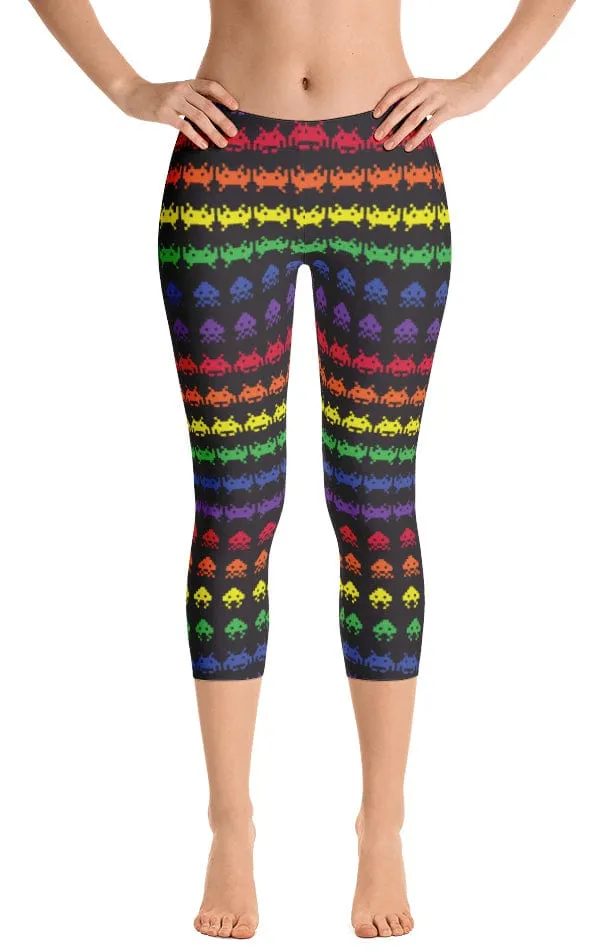 Breathable Material Non Slip Waistband ReadyGOLF: Invaders from Space Womens Capri Leggings