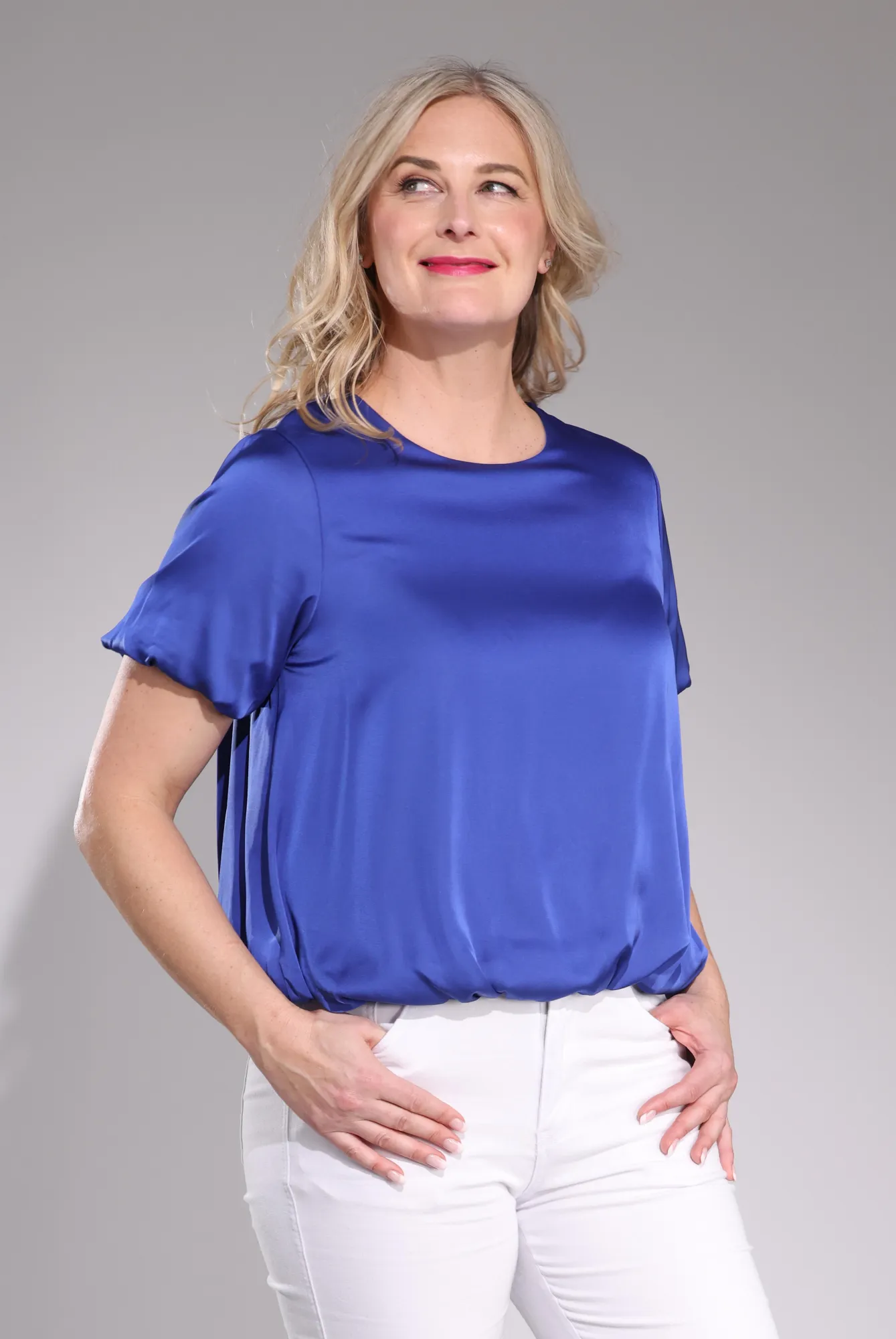 Puff-Sleeve Satin Top | Blue Iris | 4491C1 PreShrunkFabric