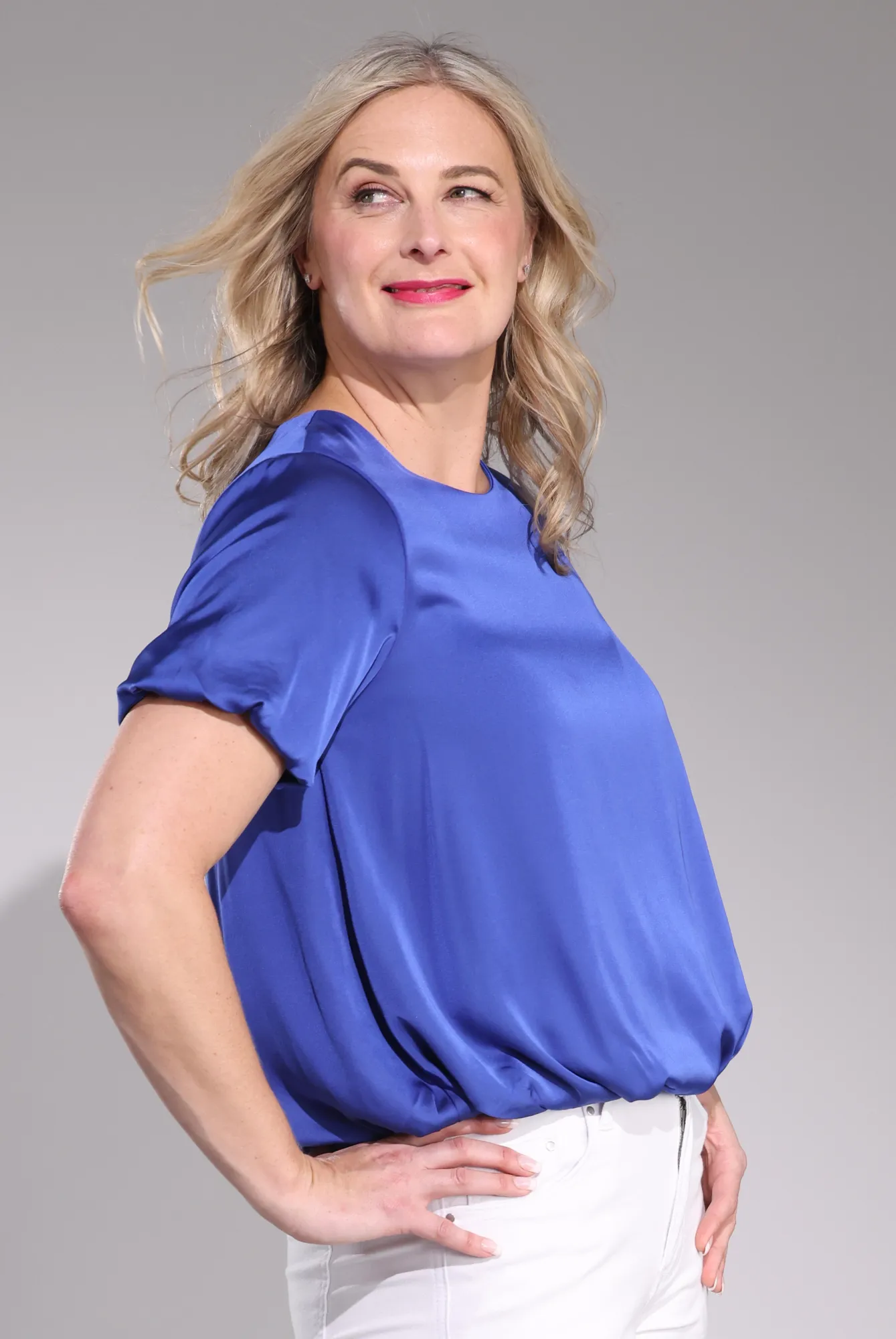 Puff-Sleeve Satin Top | Blue Iris | 4491C1 Glow Core