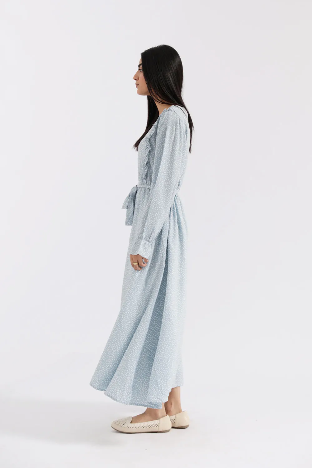 LONG PRINTED DRESS Lace-Trim Sleek Appearance