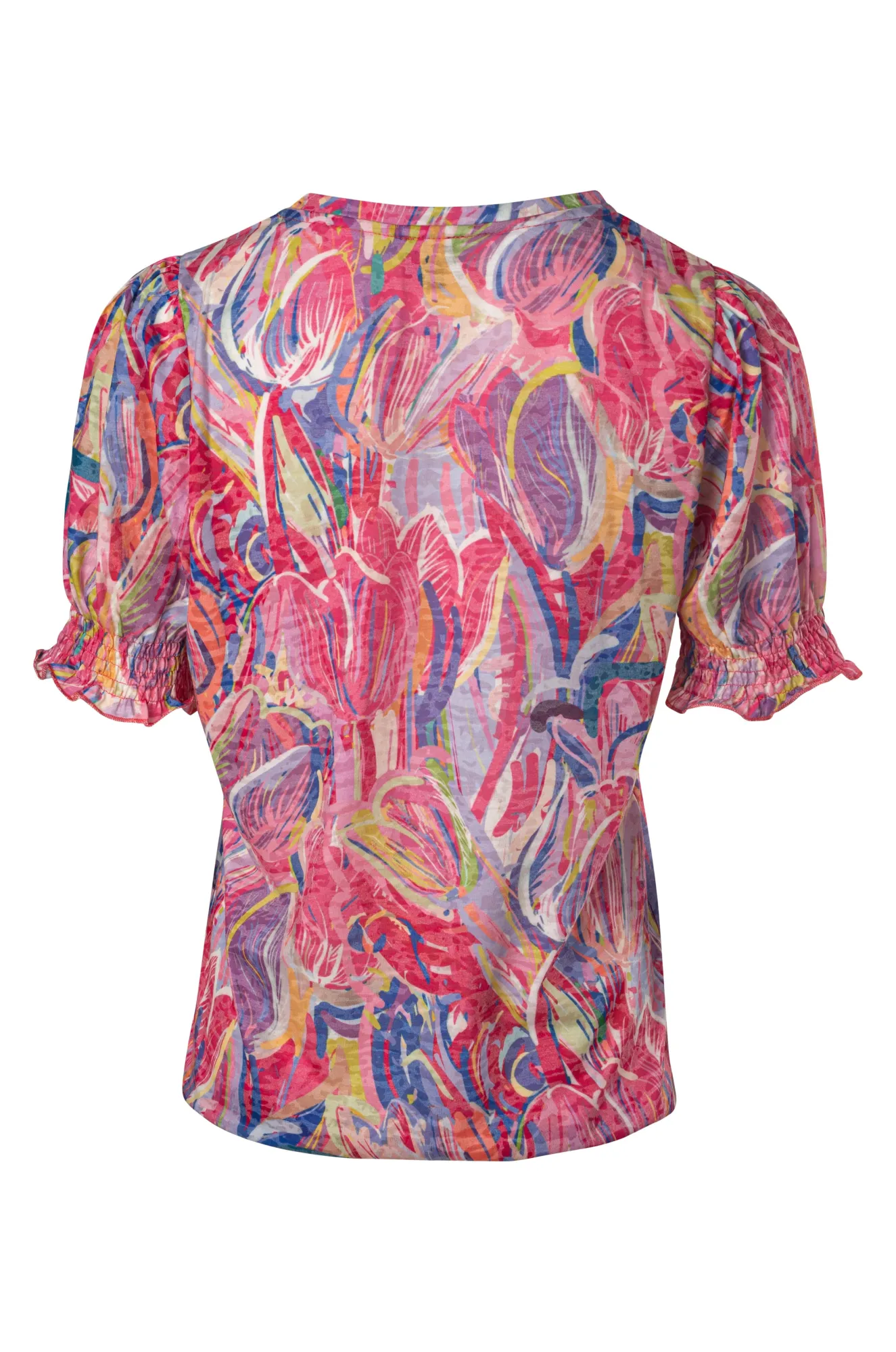 Joyful Mood british retro Burnout Top with puff sleeve | Pink Multi Tulip | 6055A1
