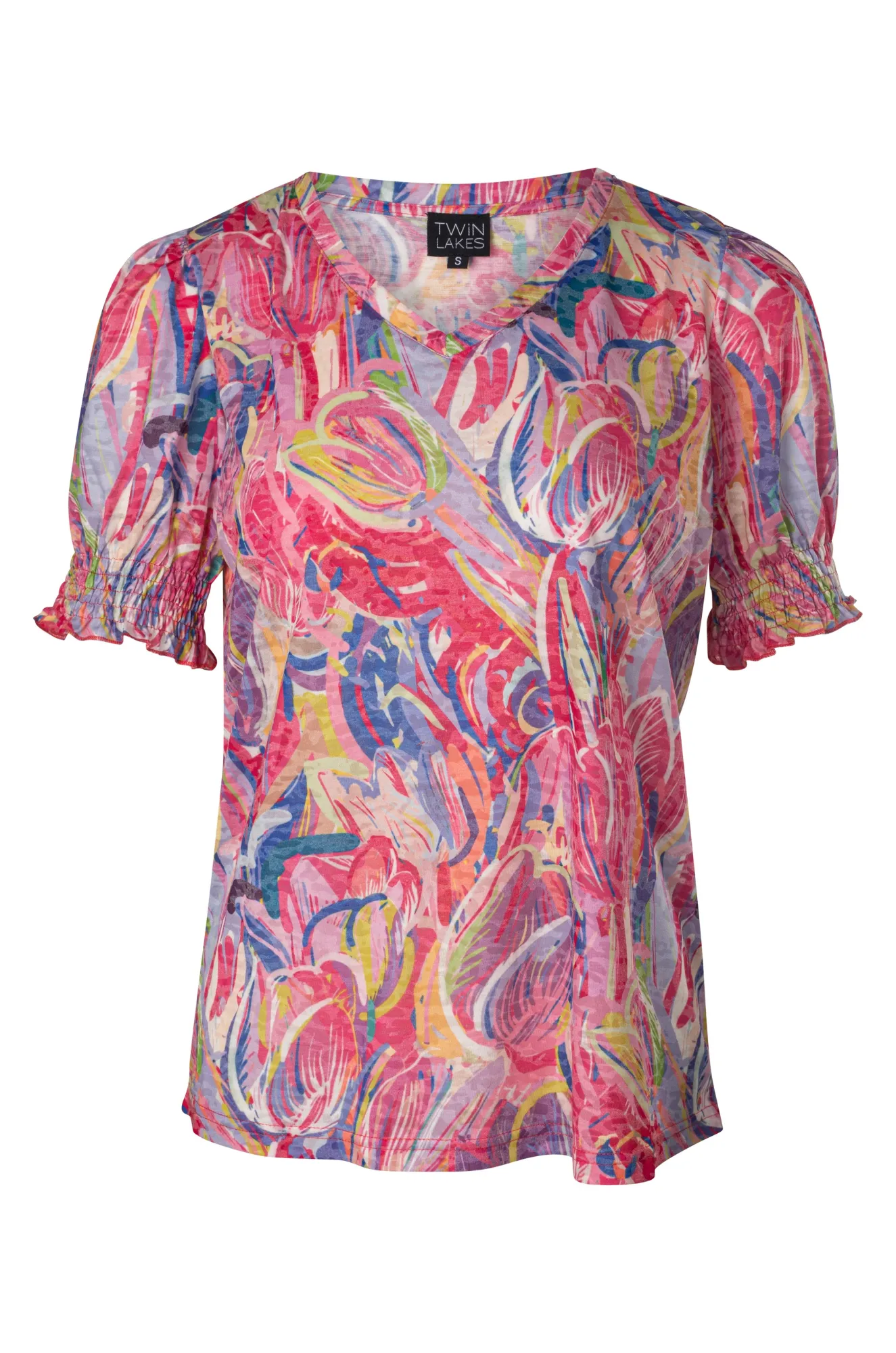 Convertible Style Burnout Top with puff sleeve | Pink Multi Tulip | 6055A1