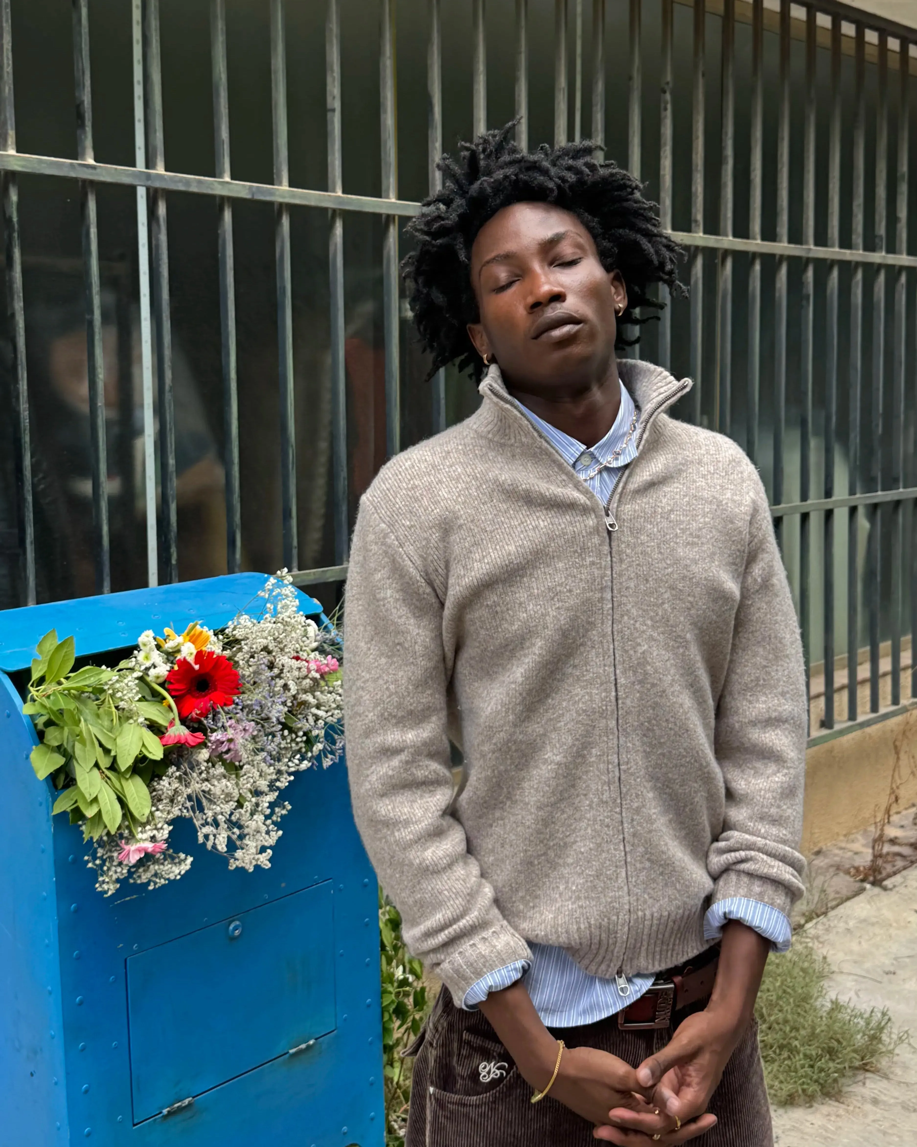 Lattice Pattern Office Casual Look Sweet Zip-up Knit Beige