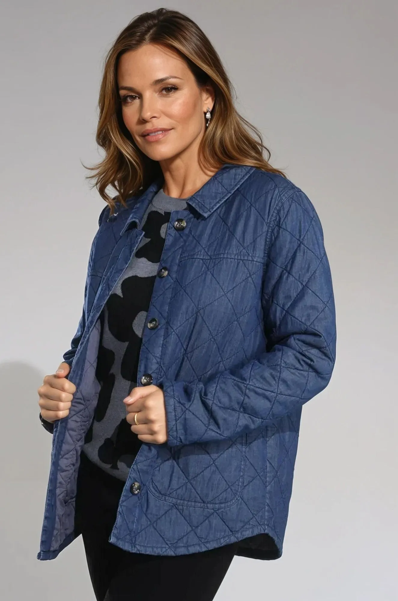 Quilted Lite weight Denim Jacket | DARK INDIGO | 6654B1 Tapered Hem Adaptive Tension Bands