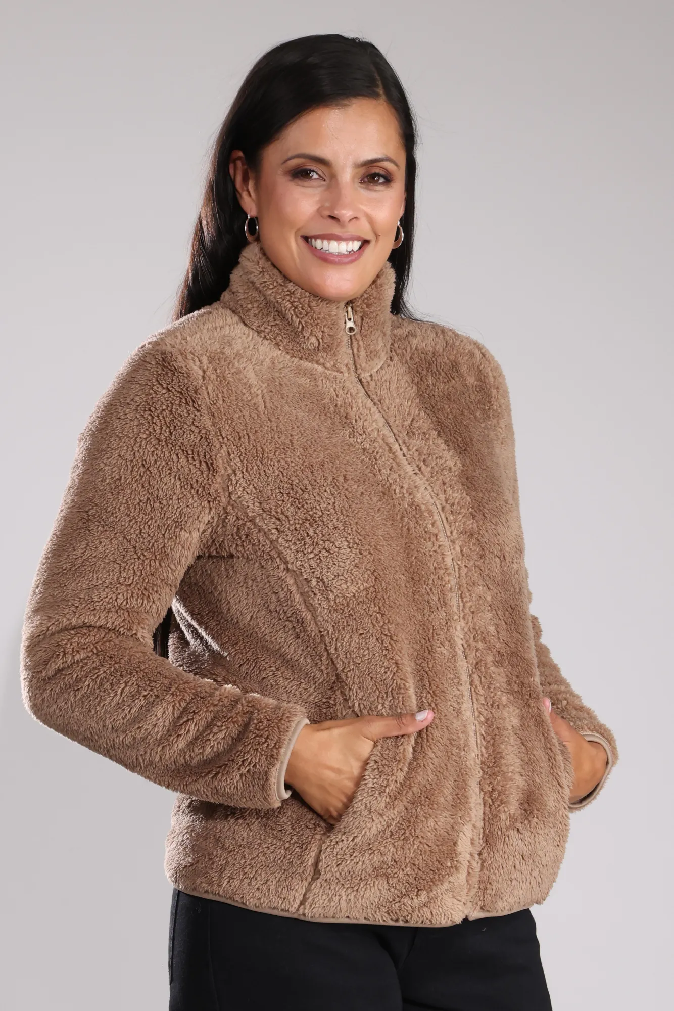 Three Layer Laminate Teddy Fleece Jacket | TOFFEE | 3421B1
