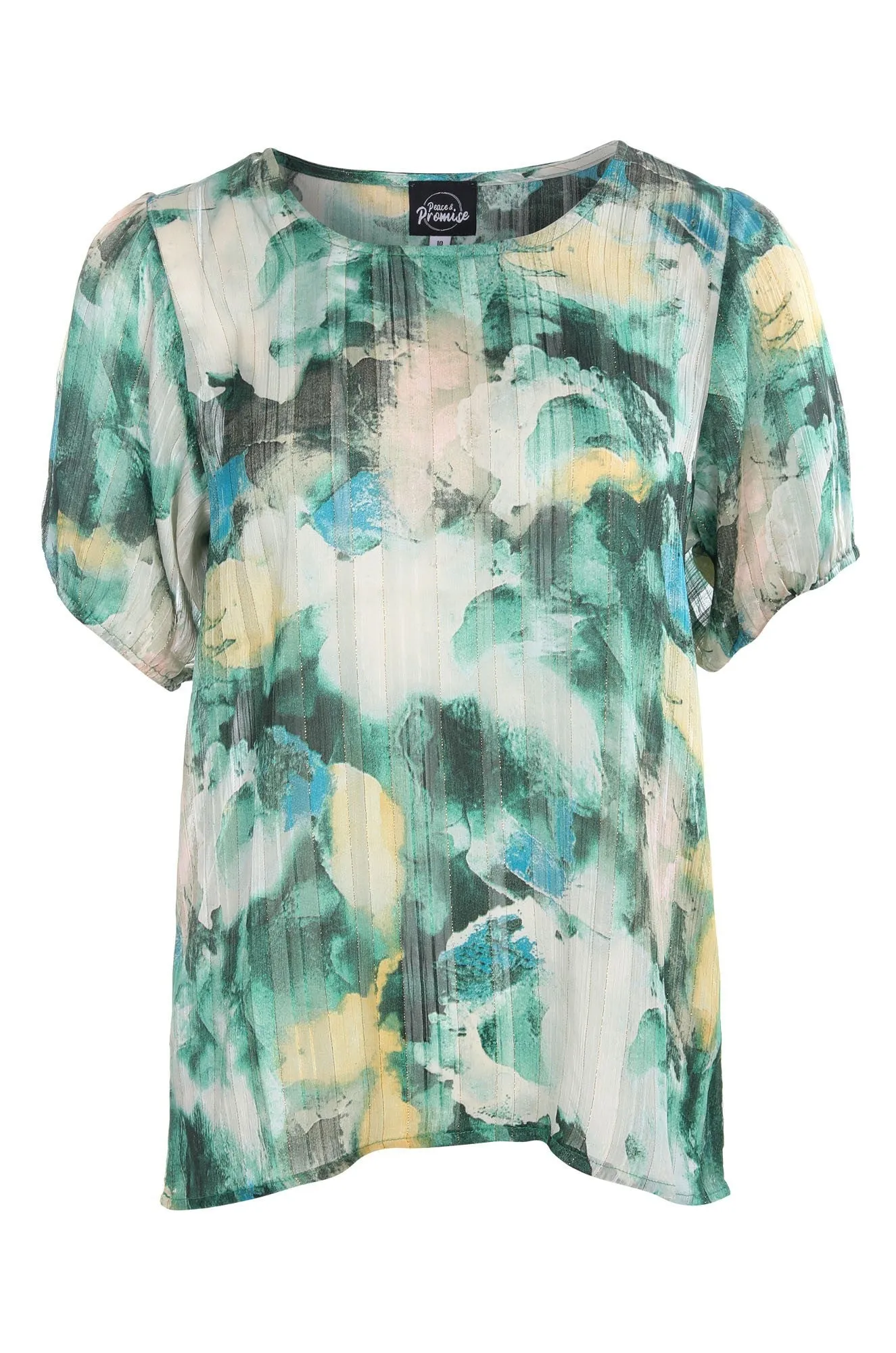 Printed Ribbon Chiffon Top | Green Sun Abstract | 7121C1 StretchFree Nordic Light