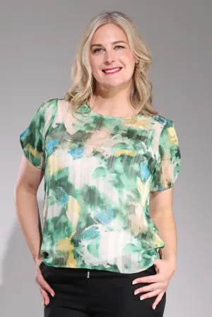 Printed Ribbon Chiffon Top | Green Sun Abstract | 7121C1 Professional Fit