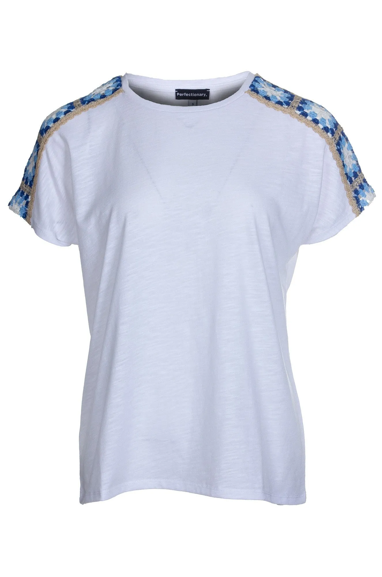 Crochet trim Top | Ivory/Sky | 4681A1 Sustainable Manufacturing Formal Look