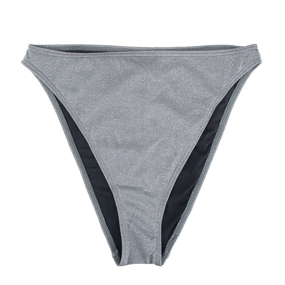 Women's Glitter High Waist Bikini Bottom,Grey Breathable Mesh Panels