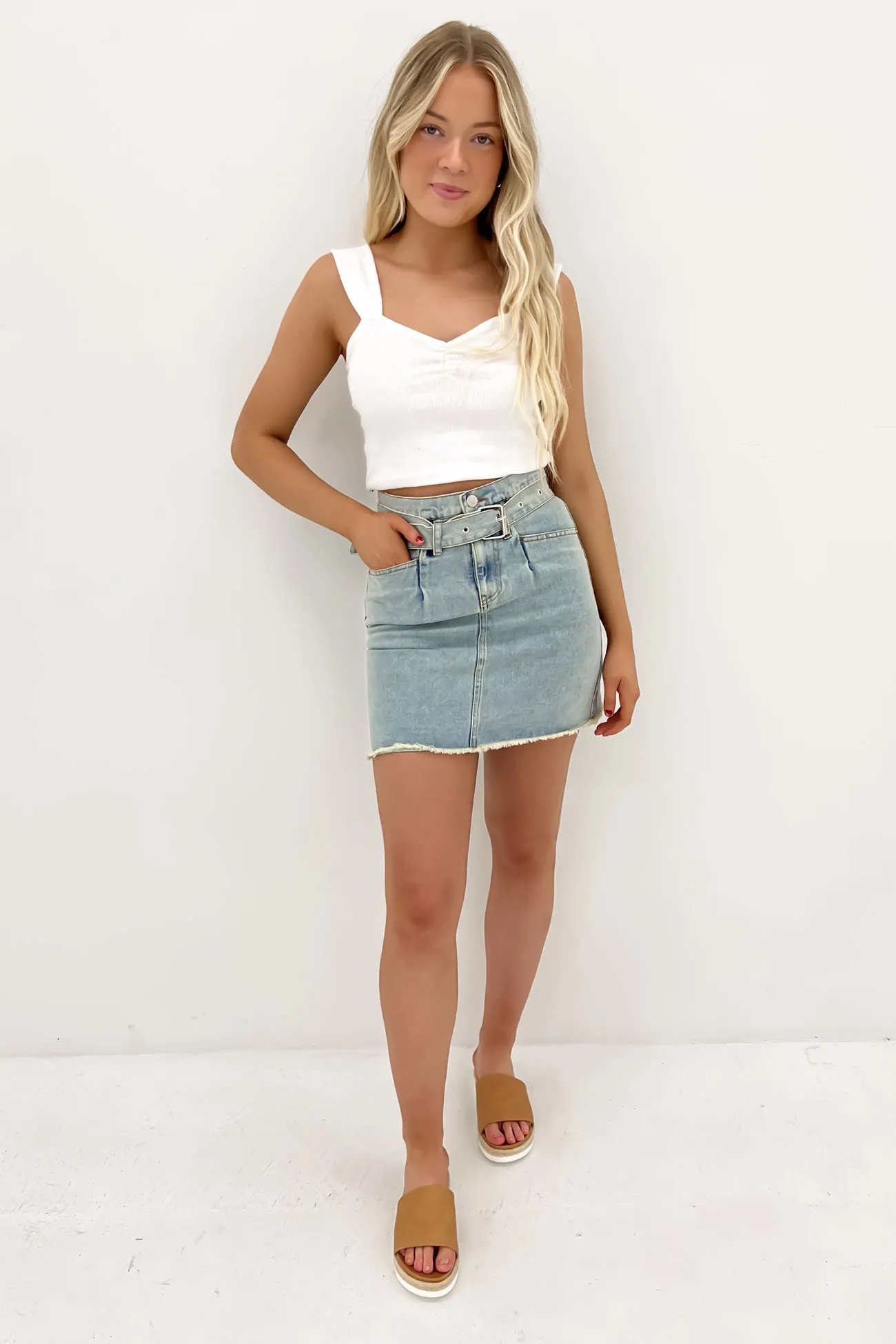 Road Trip Dash Denim Mini Skirt Light Blue