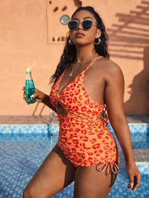 Plus Size Leopard Print Cutout Drawstring One Piece Swimsuit Abstract art
