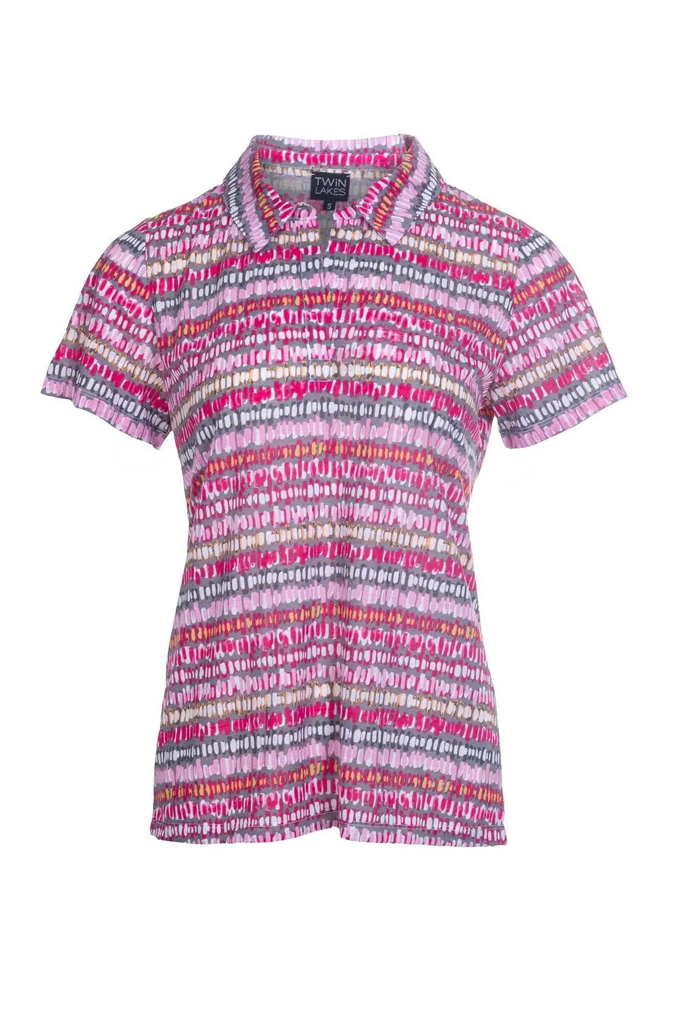Gloss Fit Free Fit Printed Poly Slub Top with collar | Cerise Silver Abstract | 6744A1