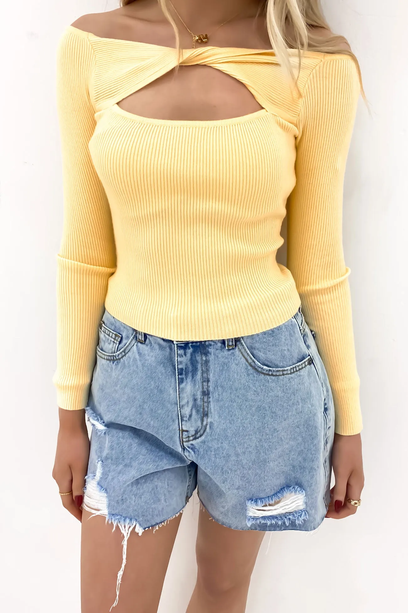 WrinkleFreeTexture SlipResistantHem Daria Knit Top Yellow