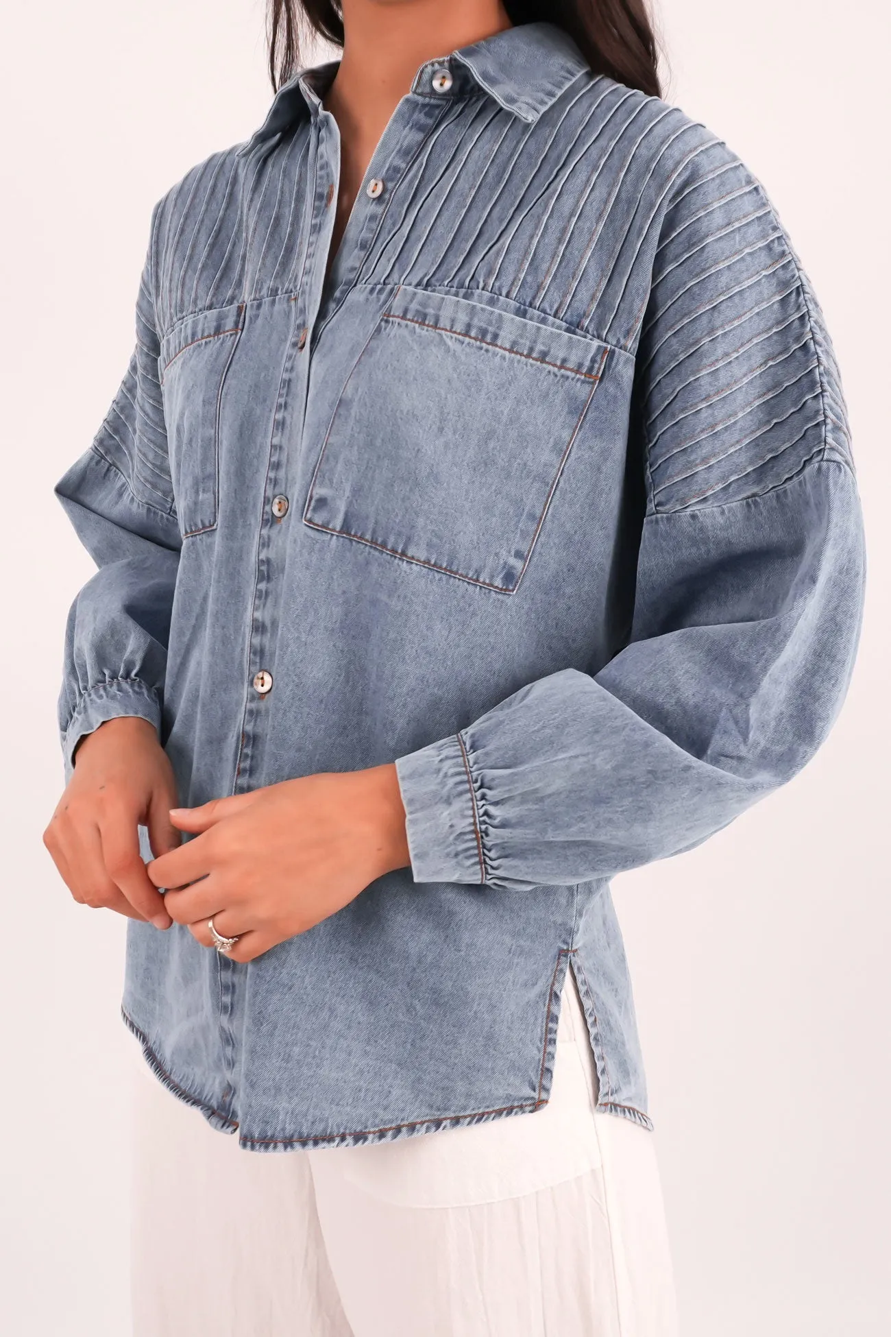Flexible Waist Trendy Fabric Belle Denim Shirt Blue