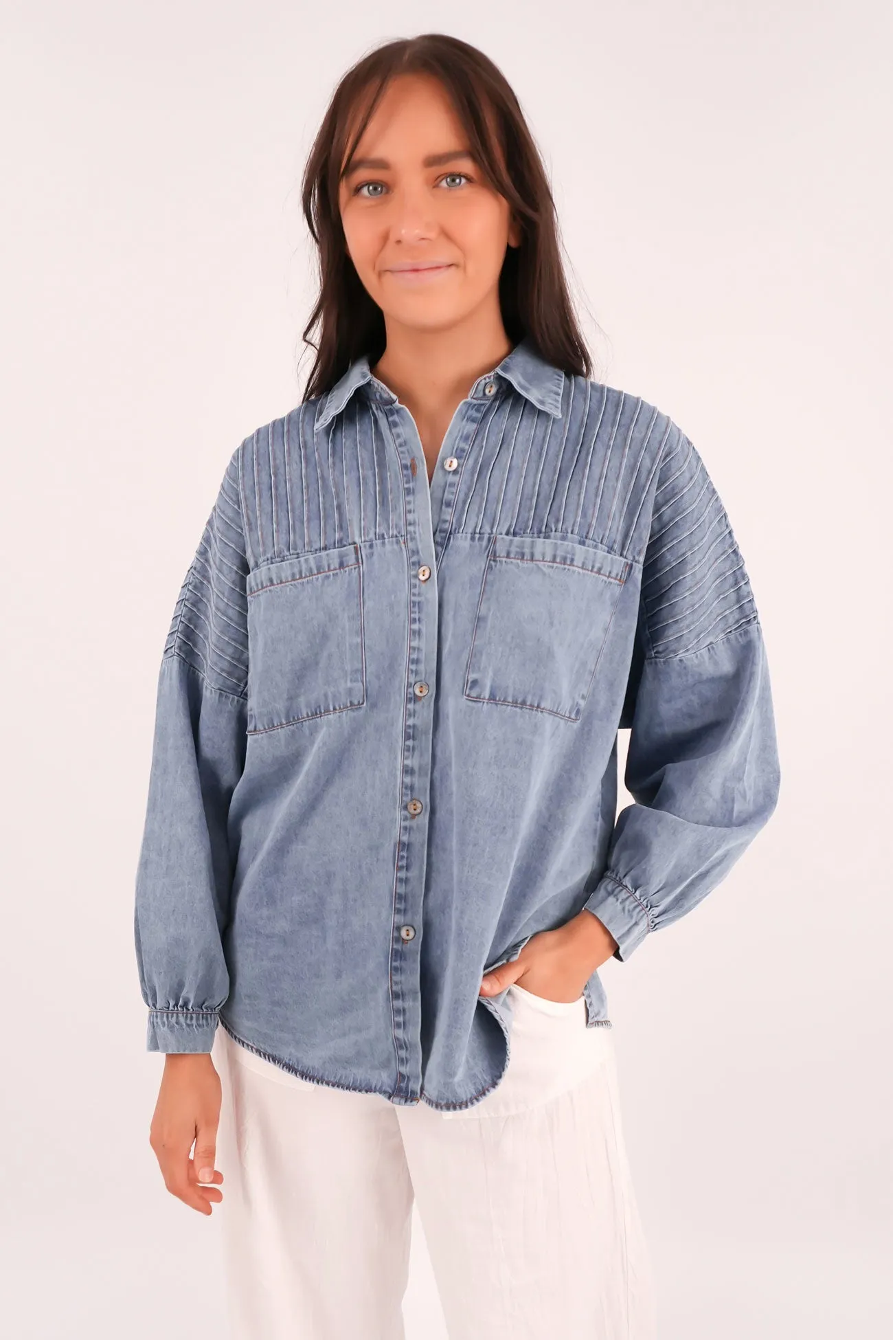 Street Comfort Style Ethically Sourced Material Belle Denim Shirt Blue