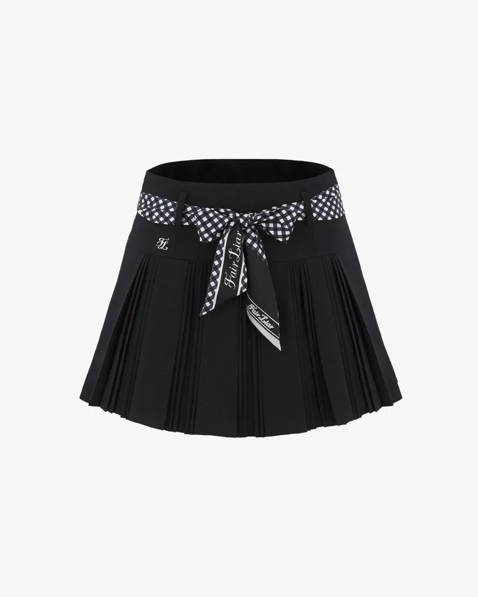 Crisp Look Scarf Set Pleated Skirt - Black