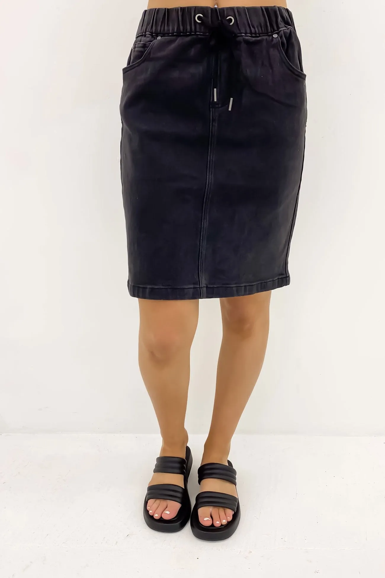 Rio Skirt Washed Black Outfit Shot Contoured Waist